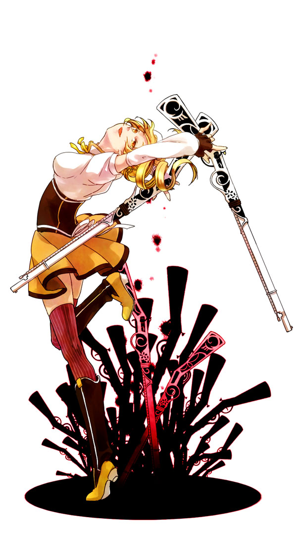 achiko-i, bad_id, beret, blonde_hair, boots, breasts, brown_legwear, corset, dress, drill_hair, eyes, gun, hat, leg_up, magical_girl, magical_musket, mahou_shoujo_madoka_magica, puffy_sleeves, rifle, smile, solo, standing_on_one_leg, thigh-highs, thighhighs, tomoe_mami, vertical-striped_legwear, vertical_stripes, weapon, yellow, yellow_eyes
