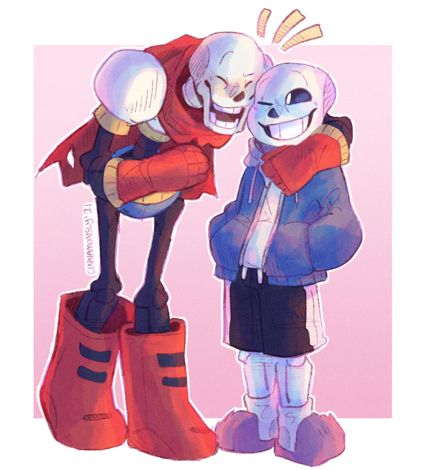 2021, 2boys, 2d, arm_around_neck, armor, artist_name, bent_over, blue_jacket