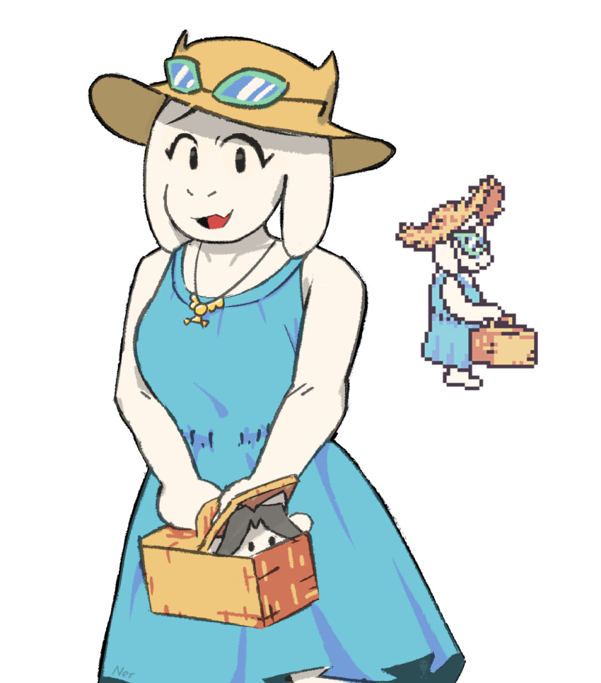 2024, 2d, 2girls, animal, anthro, aqua_dress, basket, commentary, creature, digital_media, dress, duo, english_commentary, female, female_only, floppy_ears, furry, furry_female, goat, goat_ears, goat_girl, goat_horns, hat, highres, holding, holding_basket, horns, in_basket, mammal, monster, monster_girl, necklace, nernot1, official_art_inset, pixel_art_inset, reference_inset, simple_background, solo_focus, sunglasses, temmie, toriel, undertale, utdr_(toby_fox), white_background, white_fur