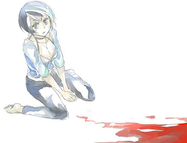 blood, blue_eyes, blush, fatal_frame, fatal_frame_3, jeans, kurosawa_rei, mayu_gomori