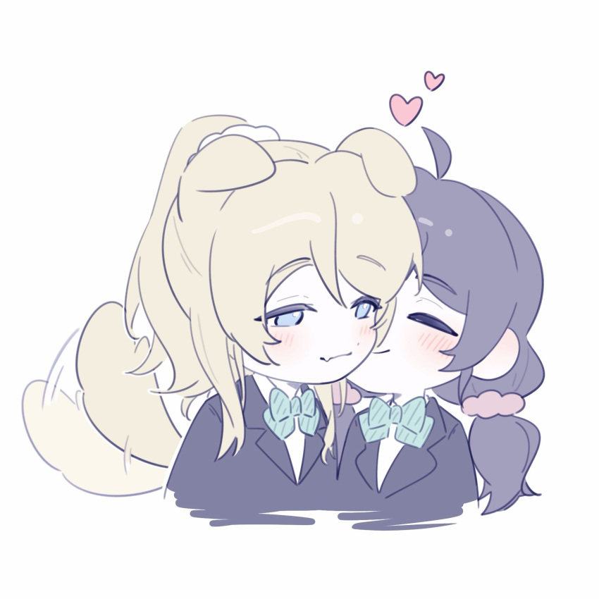 2girls, animal_ears, ayase_eli, blonde_hair, blue_bow, blue_bowtie, blue_eyes, blush