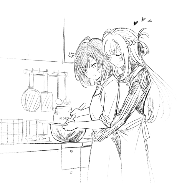 2girls, anger_vein, apron, baking, blush, closed_eyes, closed_mouth, commentary_request, flour, frying_pan, greyscale, half_up_braid, holding, hug, hug_from_behind, kitchen, long_sleeves, lr6fko4upypf9hv, medium_hair, mixing_bowl, miyagi_shiori, monochrome, multiple_girls, parted_lips, sendai_hazuki, shuuniichido_classmate_wo_kau_hanashi, smile, sweater, yuri