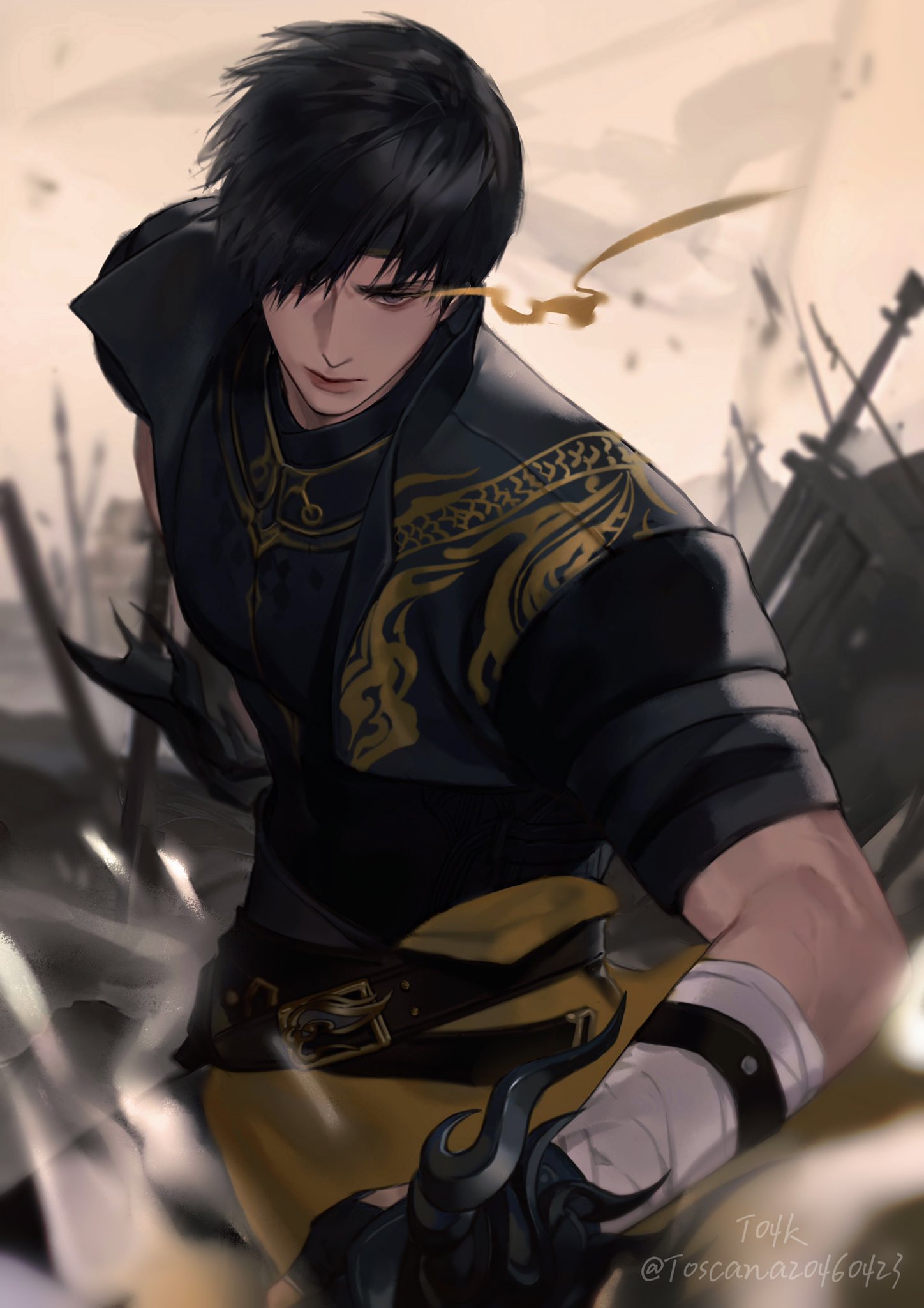 1boy, arm_strap, artist_name, bandaged_arm, bandages, belt, black_belt, black_hair