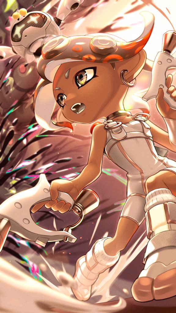 1girl, agent_8_(side_order), agent_8_(splatoon), bodysuit, boots, brown_hair, collarbone, commentary, dark-skinned_female, dark_skin, detached_sleeves, drone, dual_wielding, earrings, english_commentary, fangs, film_grain, flat_chest, floating_hair, full_body, grey_eyes, grey_tongue, holding, holding_weapon, hoop_earrings, ink_tank_(splatoon), iria_(yumeirokingyo), jelleton, jewelry, looking_ahead, medium_hair, multicolored_hair, neck_ring, non-humanoid_robot, octoling, open_mouth, orange_hair, order_dualies_(splatoon), parted_bangs, patterned_hair, pearl_drone_(splatoon), robot, see-through_clothes, see-through_sleeves, single_detached_sleeve, sleeveless, sleeveless_bodysuit, socks, splatoon_(series), splatoon_3, splatoon_3:_side_order, swarming_languendo, tentacle_hair, v-shaped_eyebrows, weapon, white_bodysuit, white_boots, white_socks
