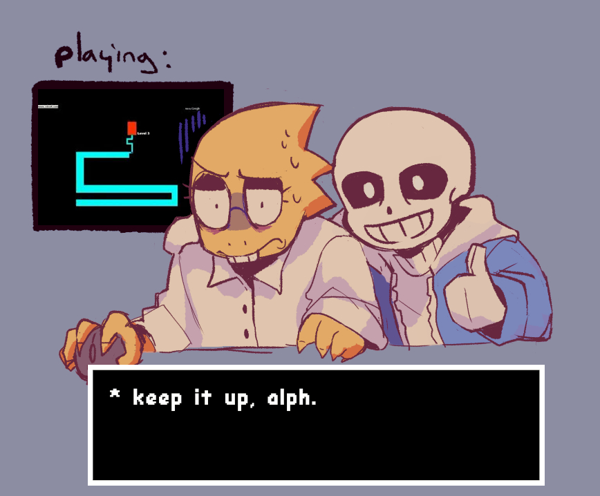 1boy, 1girl, 2024, 2d, alphys, anthro, blue_jacket, computer_mouse, dialogue_box, digital_media, dinosaur, dinosaur_girl, duo, english_text, female, glasses, hood, hood_down, hooded_jacket, humanoid, jacket, lizard, lizard_girl, male, meme, monster, monster_boy, monster_girl, nervous, open_jacket, playing_games, reptile, reptile_girl, sans_(undertale), scalie, scary_maze_game, shirt, skeleton, sweat, teeth, text, thumbs_up, undead, undertale, white_shirt, woolpen, yellow_skin