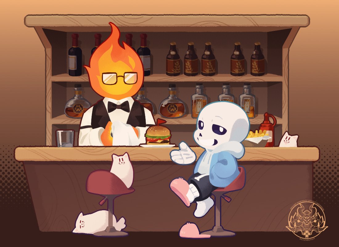 2022, 2boys, 2d, animal, annoying_dog, artist_logo, bartender, black_bowtie
