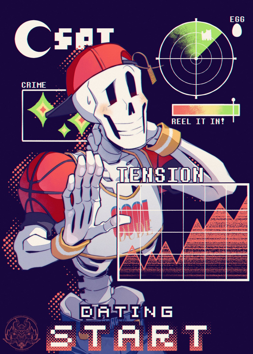 1boy, 2023, 2d, artist_logo, backwards_hat, baseball_cap, basketball_(object), black_background, blue_shorts, blush, chromatic_aberration, clothes_writing, crop_top, digital_media, english_text, gameplay_mechanics, hand_on_own_neck, hand_up, hat, highres, humanoid, male, male_focus, male_only, monster, monster_boy, official_alternate_costume, open_hand, papyrus_(undertale), pixel_text, reignbeaux13, ribs, shorts, skeleton, solo, spine, striped_wristband, sweat, tank_top, teeth, text, undead, undertale, uneven_eyes, upper_body, utdr_(toby_fox), white_tank_top, wristband, yellow_wristband