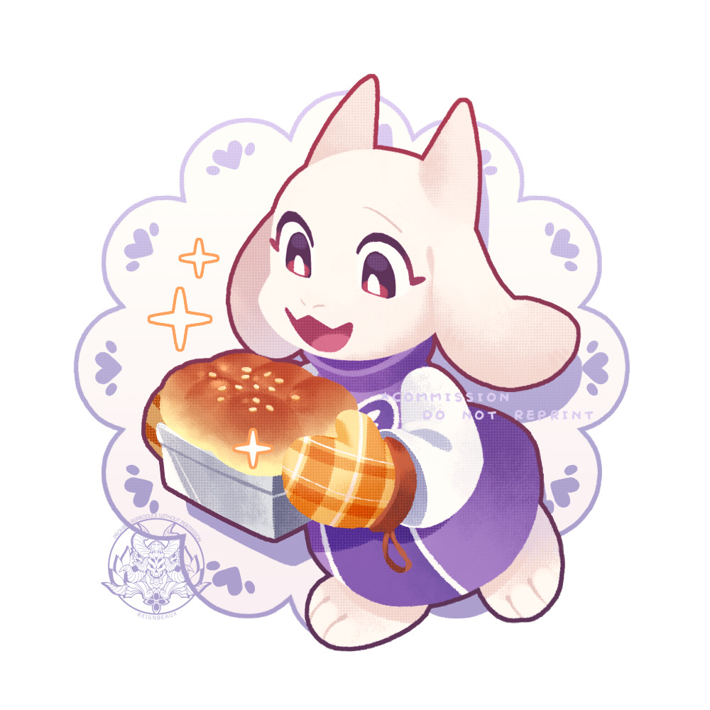 1girl, 2024, 2d, anthro, artist_logo, chibi, commission, digital_media, female, female_only, floppy_ears, food, full_body, furry, furry_female, goat, goat_ears, goat_girl, goat_horns, horns, looking_at_food, mammal, mittens, monster, monster_girl, open_mouth, orange_mittens, purple_robe, reignbeaux13, robe, simple_background, solo, sparkle, toriel, undertale, white_background, white_fur, white_horns