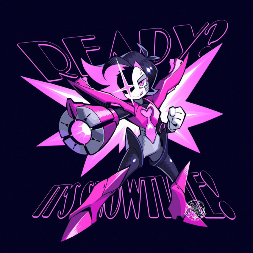 1boy, 2025, 2d, :q, alternate_form, arm_cannon, artist_logo, black_background, black_hair, boots, clenched_hand, digital_media, english_text, gloves, high_heel_boots, highres, humanoid, male, male_only, mettaton, mettaton_neo, pink_eyes, pink_wings, reignbeaux13, robot, robot_boy, short_hair, simple_background, solo, text, tongue, tongue_out, two-tone_hair, undertale, white_gloves, wings