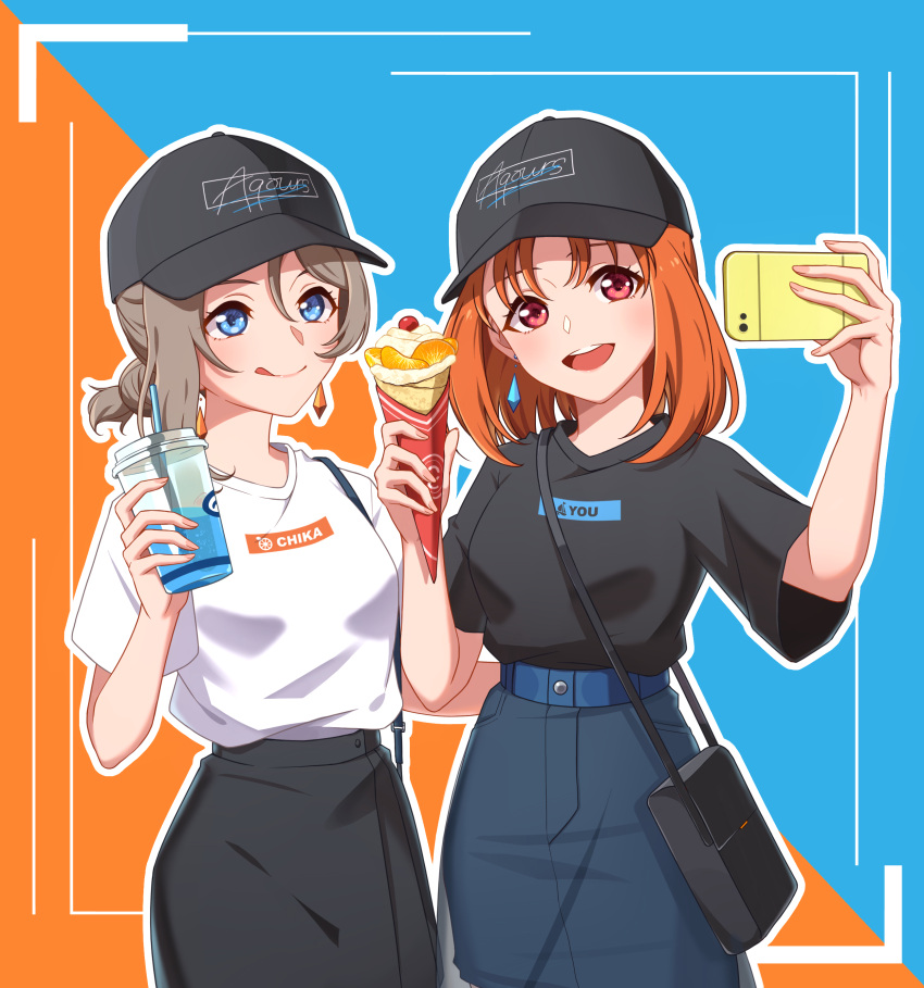absurdres, alphive, bag, baseball_cap, belt, blue_eyes, brown_hair, cellphone, english_text, handbag, hat, highres, licking_lips, love_live!, love_live!_sunshine!!, orange_hair, phone, ponytail, red_eyes, selfie, short_hair, short_ponytail, short_sleeves, simple_background, skirt, smartphone, takami_chika, taking_picture, tongue, tongue_out, watanabe_you