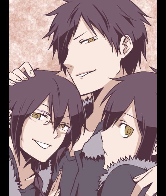 black_hair, braid, durarara!!, glasses, grin, orihara_izaya, orihara_kurumi, orihara_kururi, orihara_mairu, smile, twin_braids, yellow_eyes