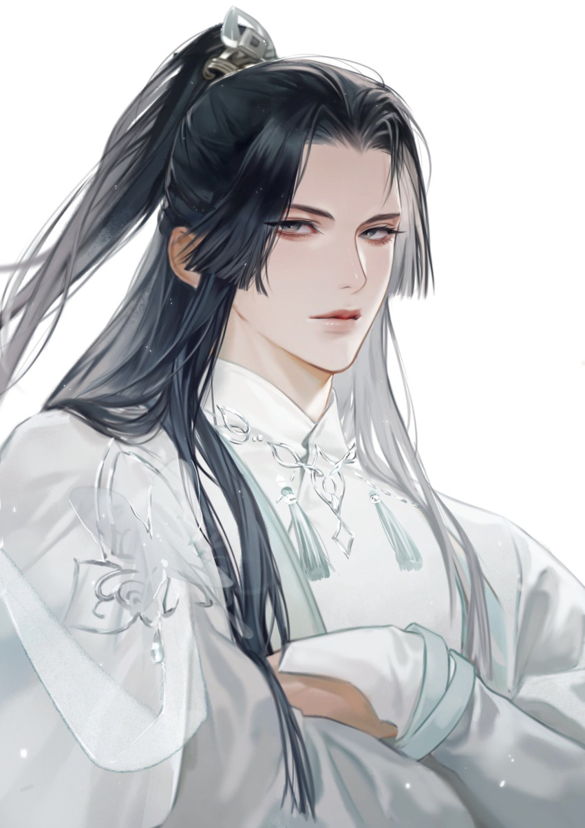 1boy, black_hair, butterfly_ornament, character_request, closed_mouth, crossed_arms, eyeshadow, grey_eyes