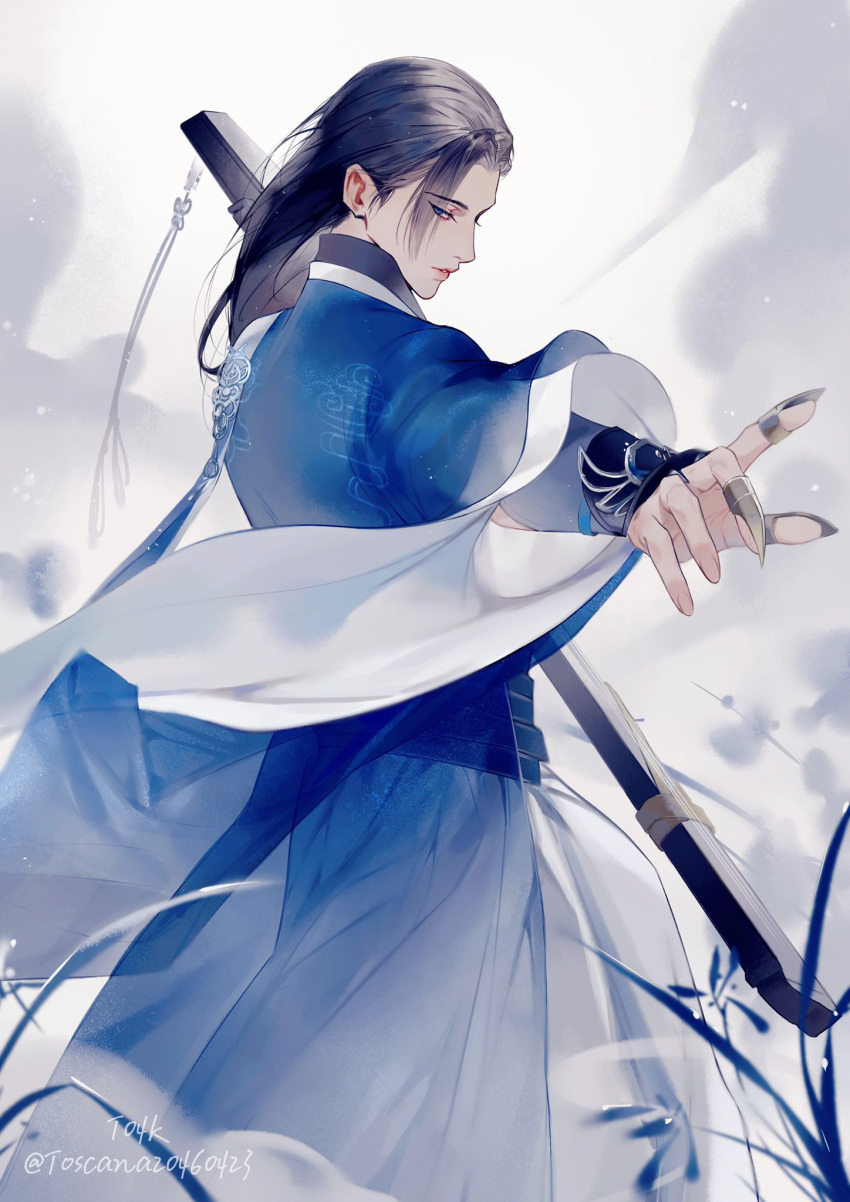 1boy, arm_armor, artist_name, blue_eyes, blue_robe, blurry, blurry_background, character_request