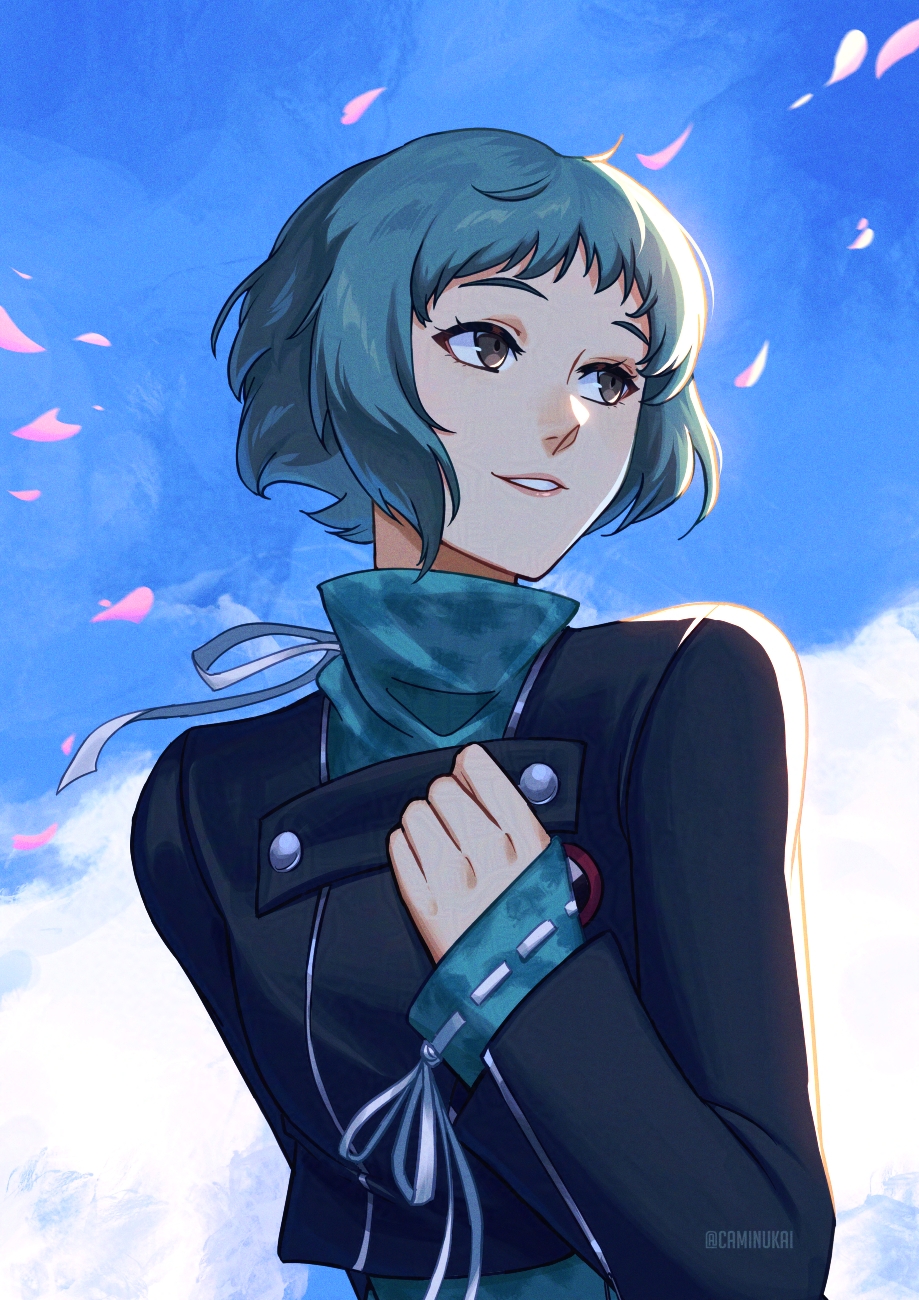 1girl, aqua_hair, black_jacket, blue_sky, caminukai, clouds, cloudy_sky, commentary