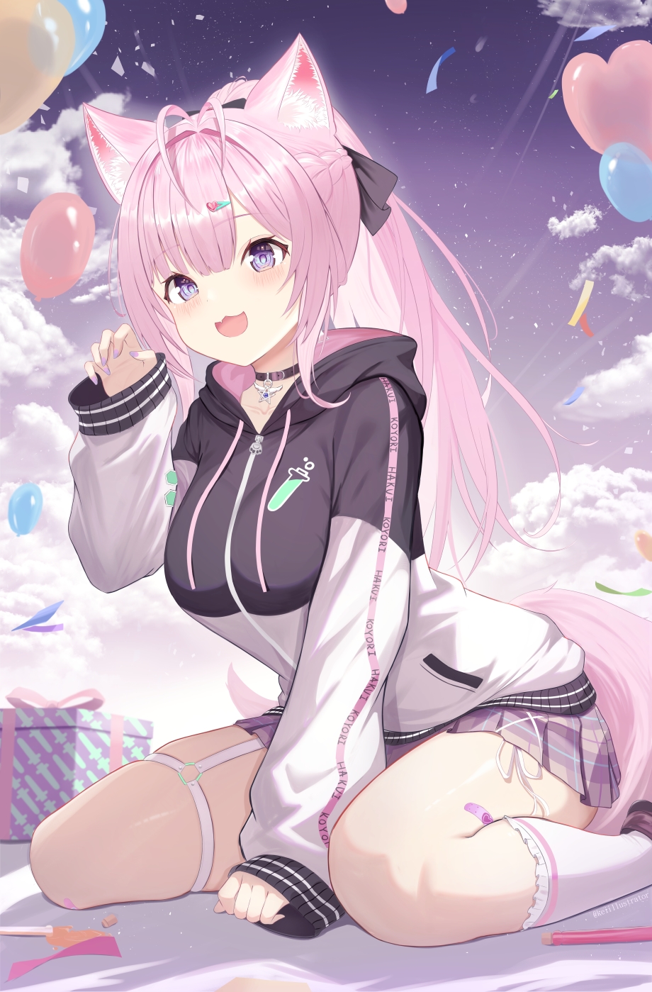1girl, :3, :d, animal_ears, antenna_hair, balloon, between_legs, black_choker, black_jacket, box, choker, claw_pose, clouds, confetti, double-parted_bangs, fang, frilled_socks, frills, gift, gift_box, hair_ornament, hairclip, hakui_koyori, hakui_koyori_(school_uniform), half_up_braid, hand_between_legs, hand_up, high_ponytail, highres, hololive, hood, hooded_jacket, jacket, kei_(keiillustrator), legwear_garter, long_hair, looking_at_viewer, official_alternate_costume, open_mouth, pendant_choker, pink_hair, pink_skirt, pleated_skirt, ponytail, sitting, skin_fang, skirt, sleeves_past_wrists, smile, socks, solo, tail, thigh-highs, thigh_strap, violet_eyes, virtual_youtuber, wariza, white_jacket, white_socks, white_thighhighs, wolf_ears, wolf_girl, wolf_tail