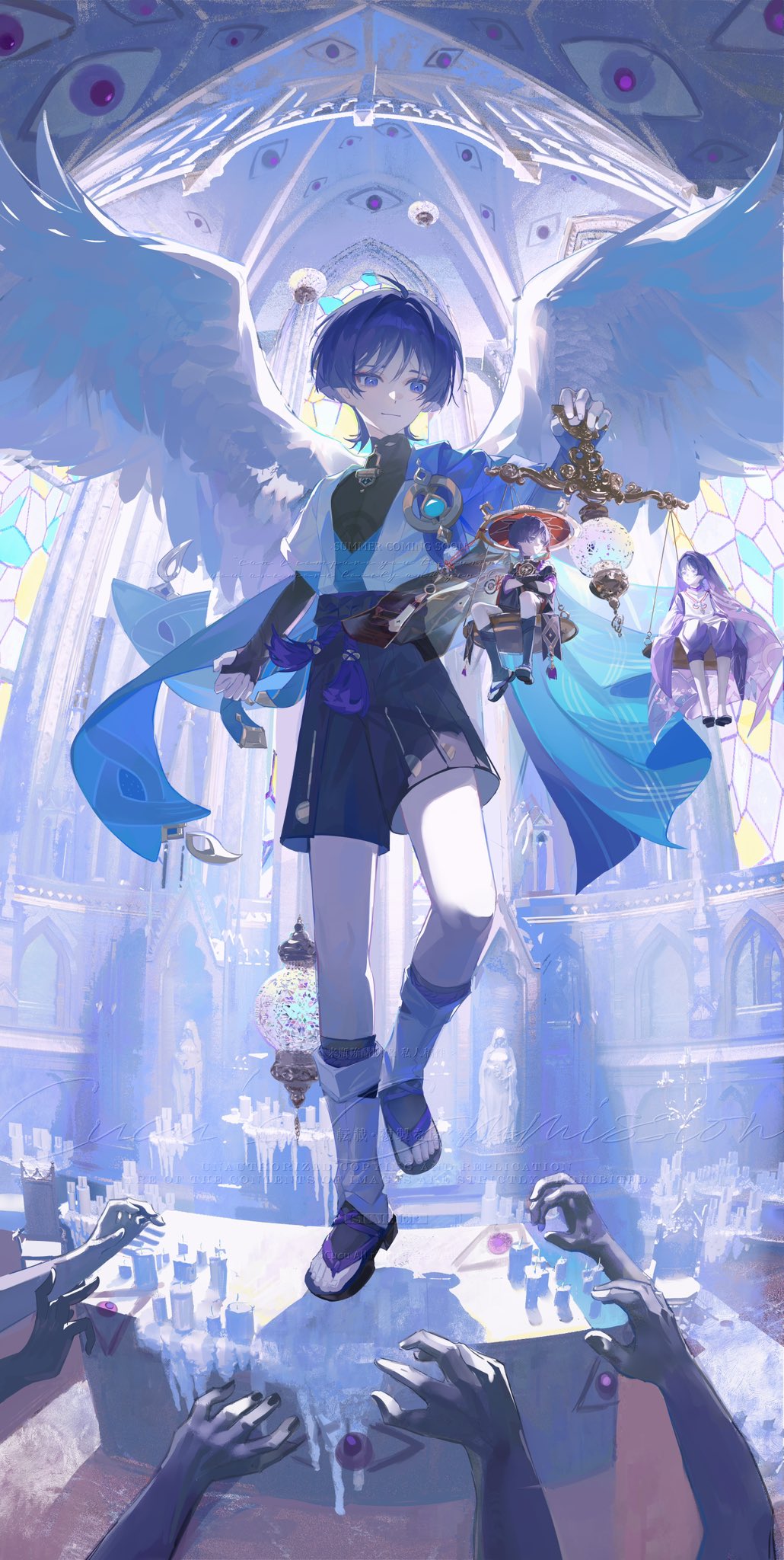 3boys, angel_wings, architecture, arm_at_side, armor, backlighting, black_bodysuit, black_bow