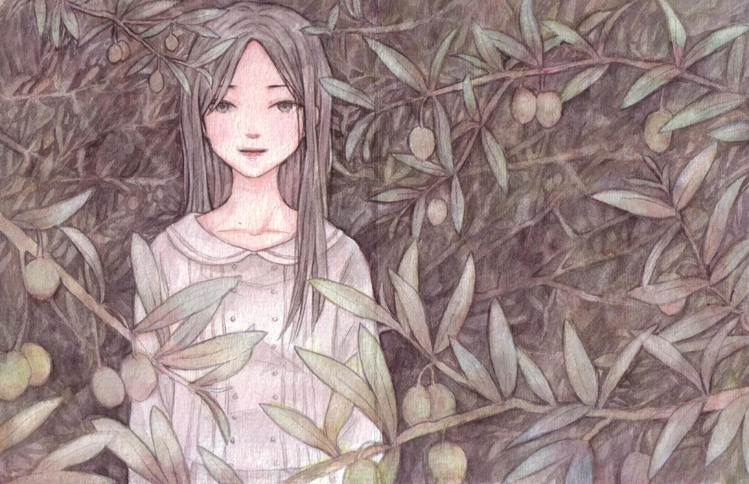blush, brown_eyes, lowres, original, solo, traditional_media, tree, under_tree