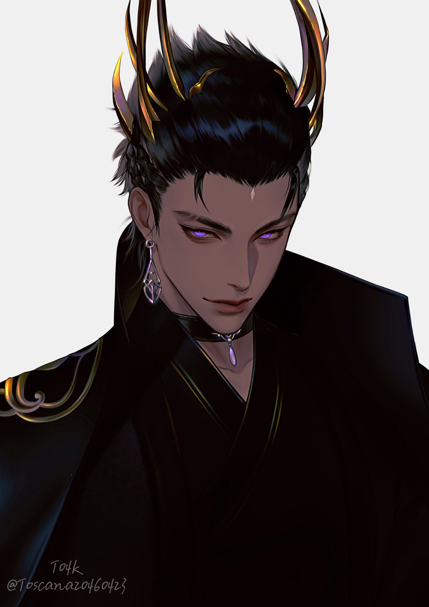 1boy, artist_name, black_choker, black_hair, black_robe, character_request, choker, closed_mouth