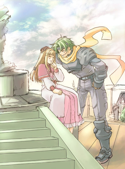 1girl, ^_^, ahoge, armor, aura_(wild_arms), belt, blind, blonde_hair
