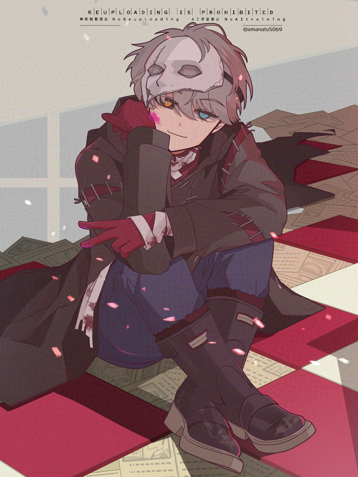 1boy, adversarial_noise, amanatsu_(amanatu5069), black_boots, black_coat, black_sclera, blue_eyes, blue_pants