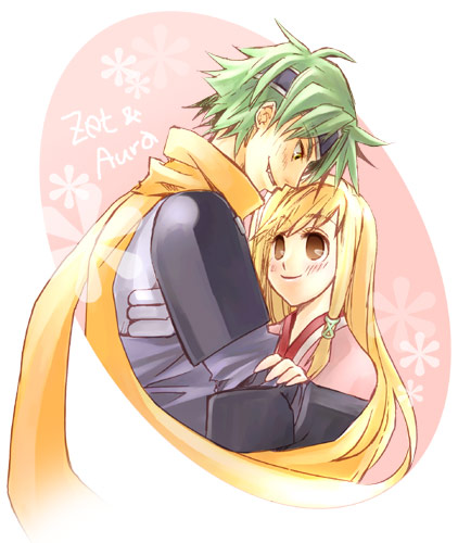 ahoge, armor, aura_(wild_arms), blonde_hair, blush, brown_eyes, couple, fang