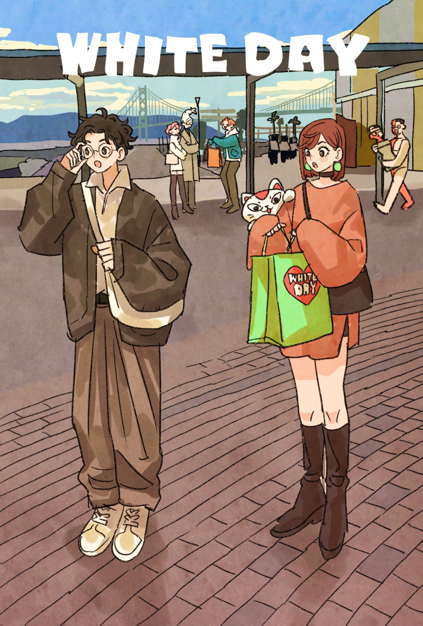 3boys, 4girls, adjusting_eyewear, alternate_costume, ayase_momo, ayase_seiko, bag, baggy_pants
