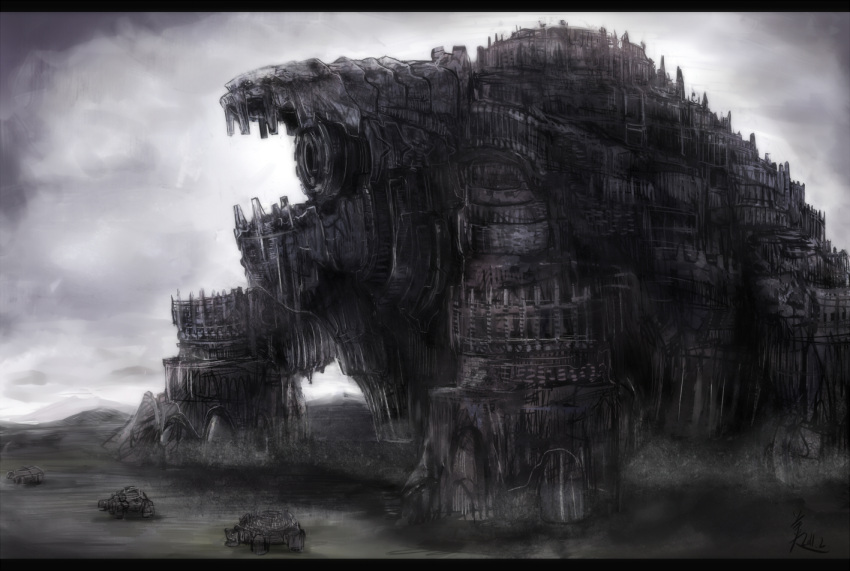 bad_id, cannon, creature, gargadia_empire, letterboxed, monochrome, original, pixiv_fantasia