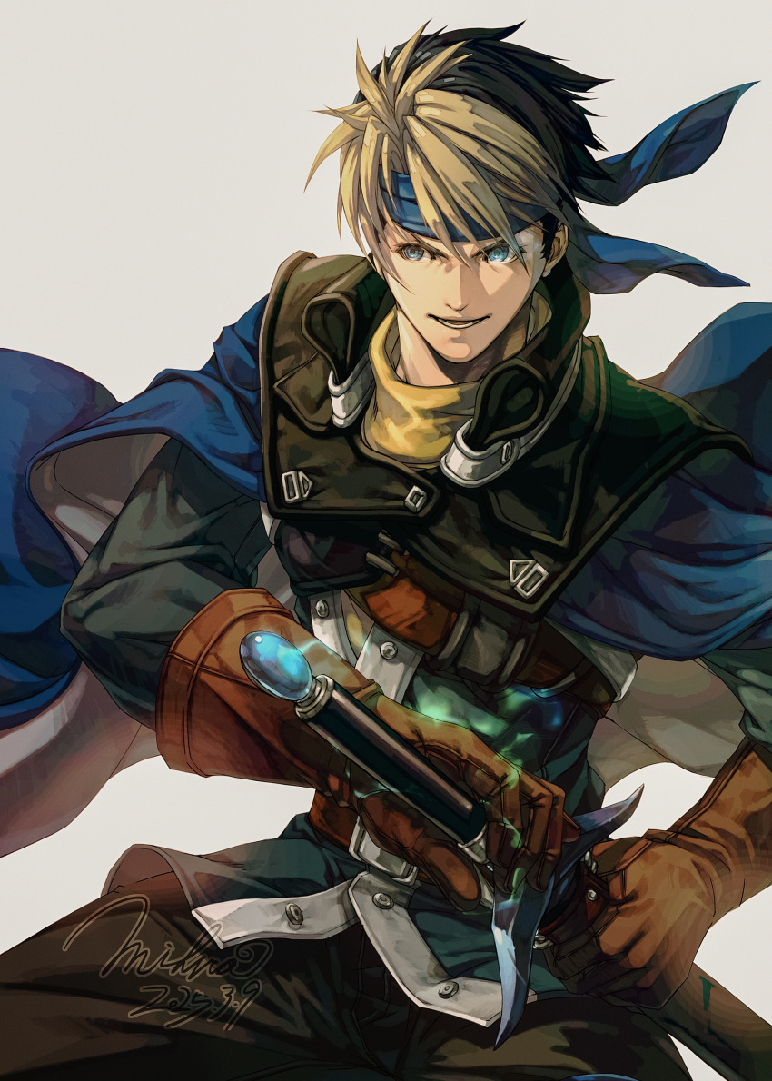 1boy, absurdres, bandana, blue_cape, blue_eyes, blue_headband, cape, drawing_sword