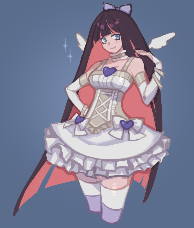 1girl, angel_wings, bare_shoulders, blue_bow, blue_eyes, bow, choker, colored_inner_hair, cookd_shrimp, corset, detached_sleeves, dress, hair_bow, heart, long_hair, looking_at_viewer, multicolored_hair, panty_&amp;_stocking_with_garterbelt, stocking_(psg), striped_clothes, striped_thighhighs, thigh-highs, two-tone_hair, wings