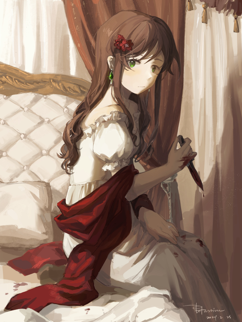 1girl, absurdres, axis_powers_hetalia, bare_shoulders, blood, blood_on_hands, blood_on_weapon, brown_hair