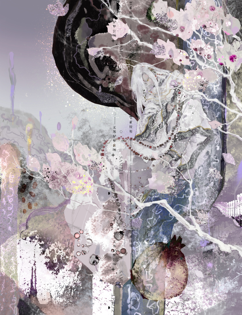 1boy, abstract, absurdres, beads, branch, chinese_clothes, closed_mouth, flower