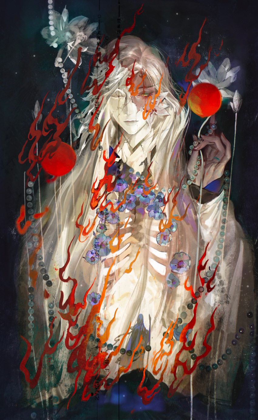 1boy, absurdres, beads, black_background, blue_flower, chinese_clothes, closed_mouth, cracked_mask