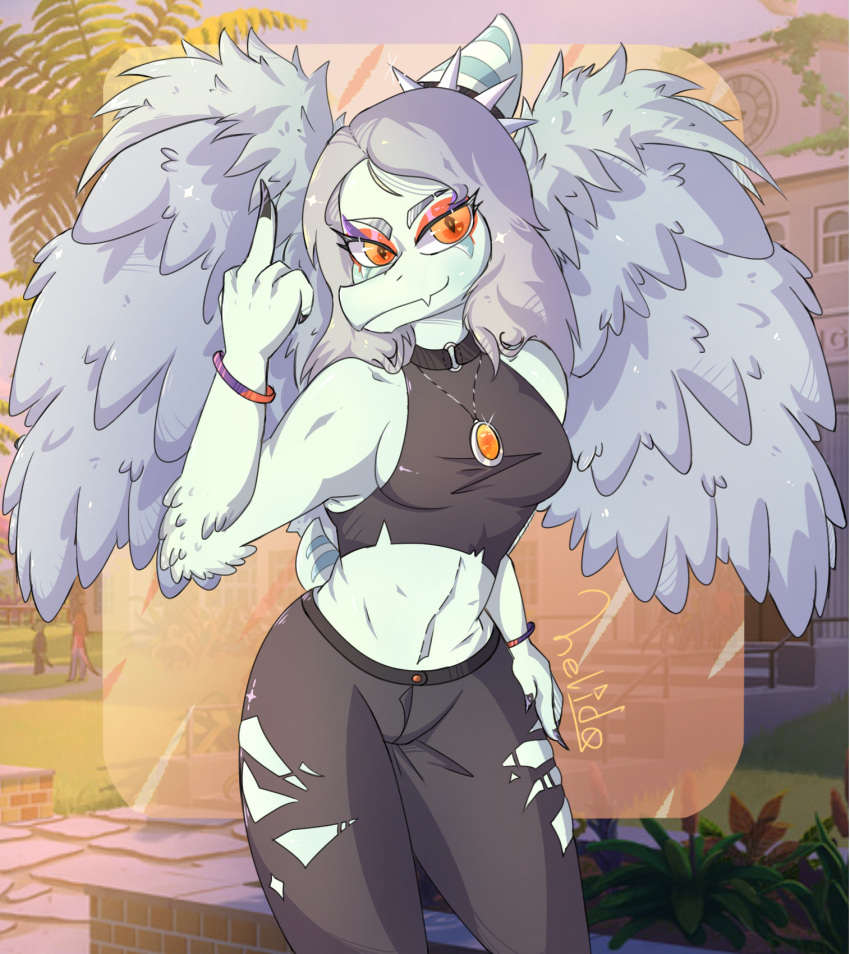 1girl, bare_shoulders, breasts, choker, claws, colored_skin, crop_top, dinosaur