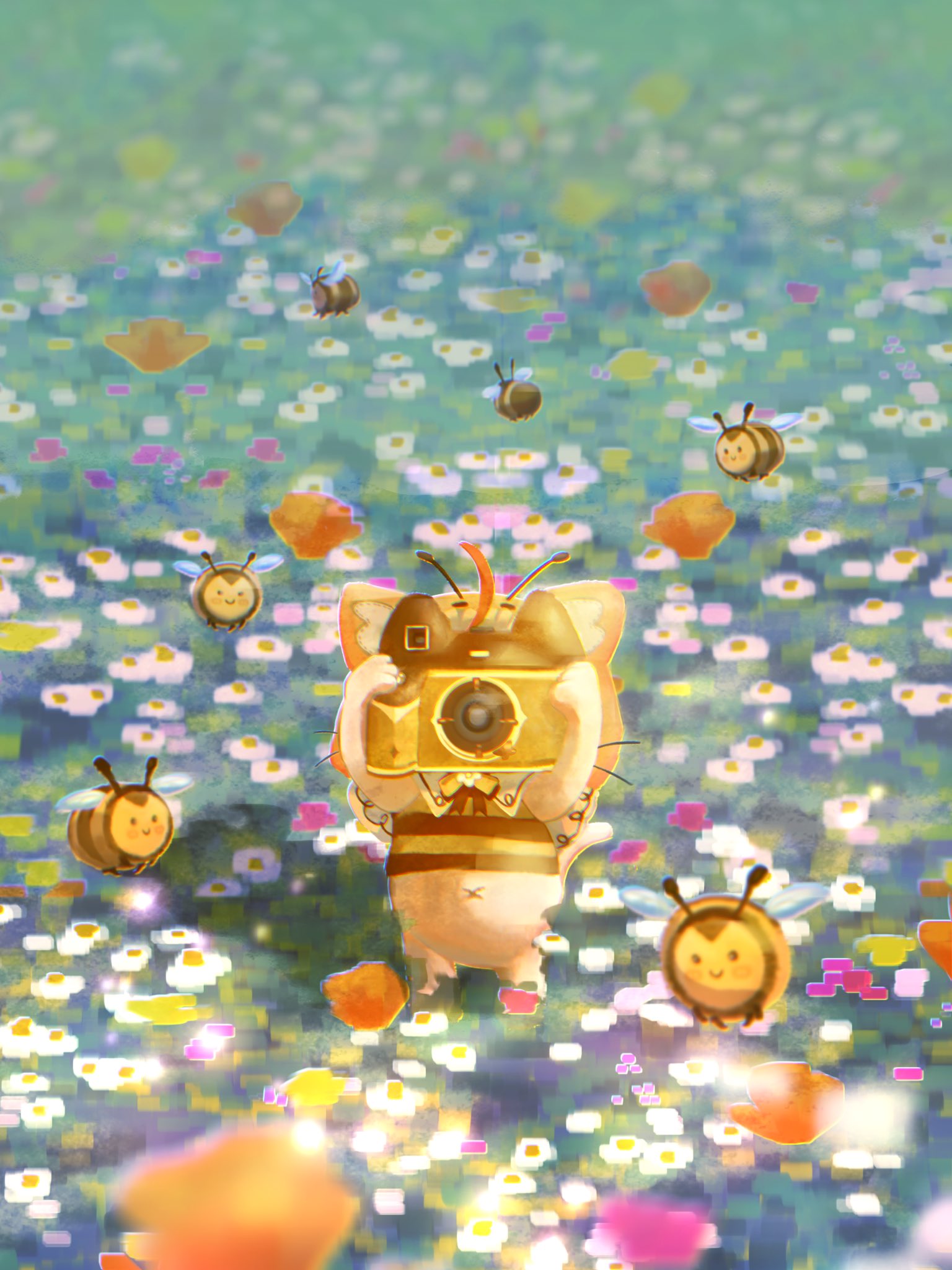 animal, animal_focus, antennae, bee, bee_costume, black_bow, black_bowtie, bow, bowtie, brown_shirt, bug, camera, capelet, cat, clothed_animal, covered_face, ear_covers, field, flower, flower_field, foodie_bee, highres, holding, holding_camera, hood, hood_up, infinity_nikki, momo_(nikki), navel, nikki_(series), no_humans, petals, rorena_0, shirt, standing, taking_picture, two-tone_bow, two-tone_bowtie, two-tone_shirt, whiskers, white_capelet, white_cat, white_flower, yellow_bow, yellow_bowtie, yellow_hood, yellow_shirt