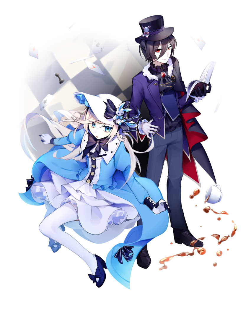 1boy, 1girl, :o, ace_(playing_card), ace_of_diamonds, ace_of_hearts, ace_of_spades, alice_(arcaea)
