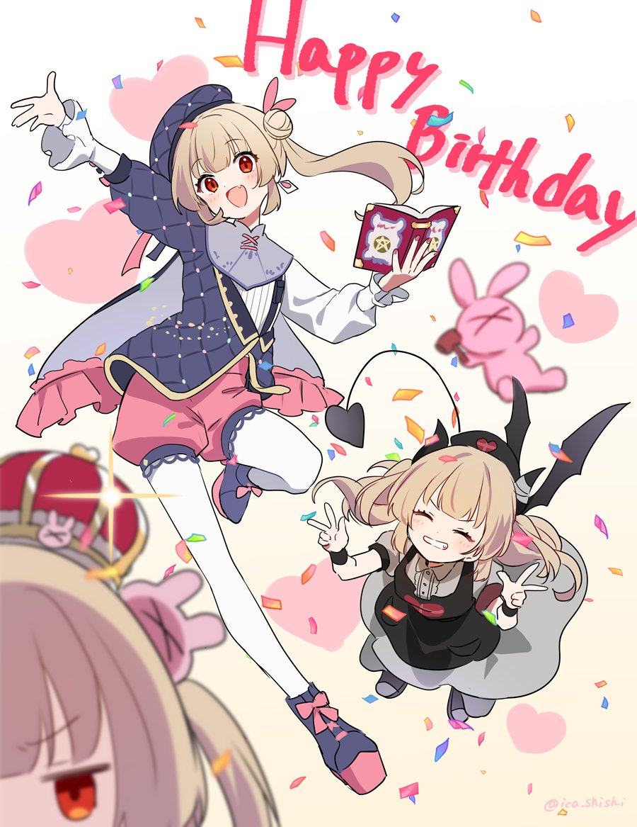 >_<, 3girls, :d, apron, arm_up, bandaged_horn, beret, black_apron