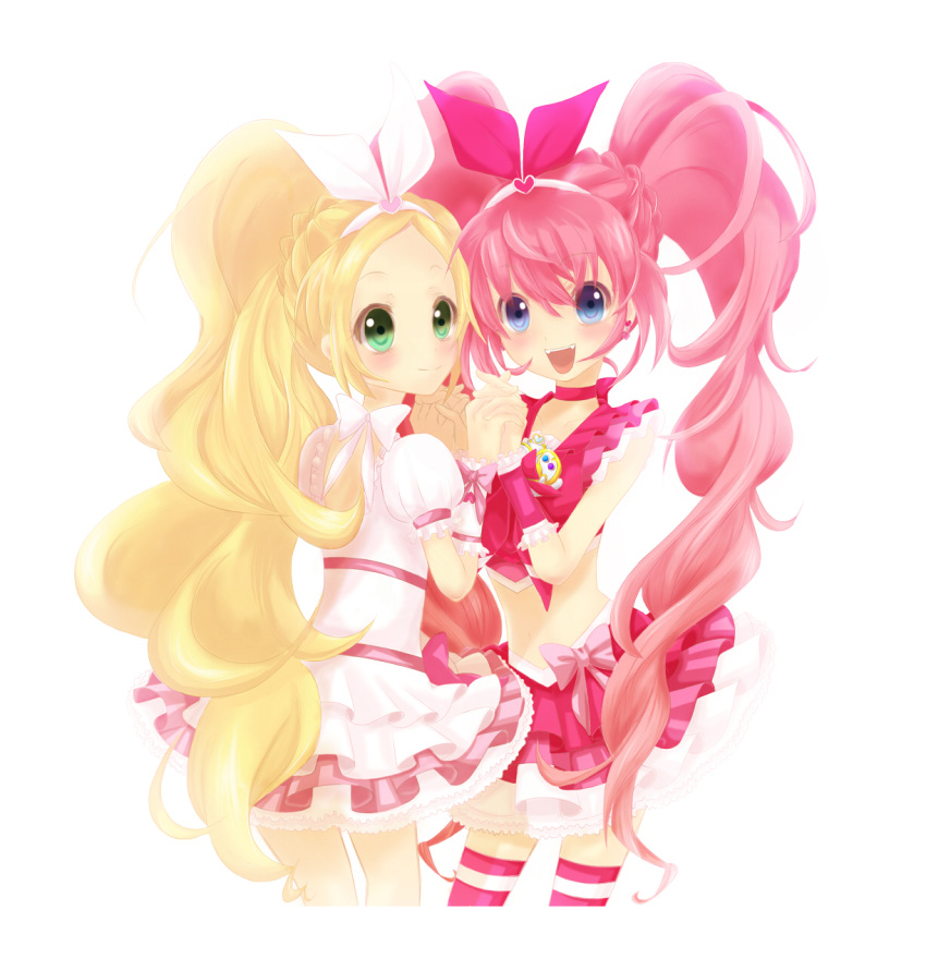 blue_eyes, blush, bow, brooch, cure_melody, cure_rhythm, dress, earrings