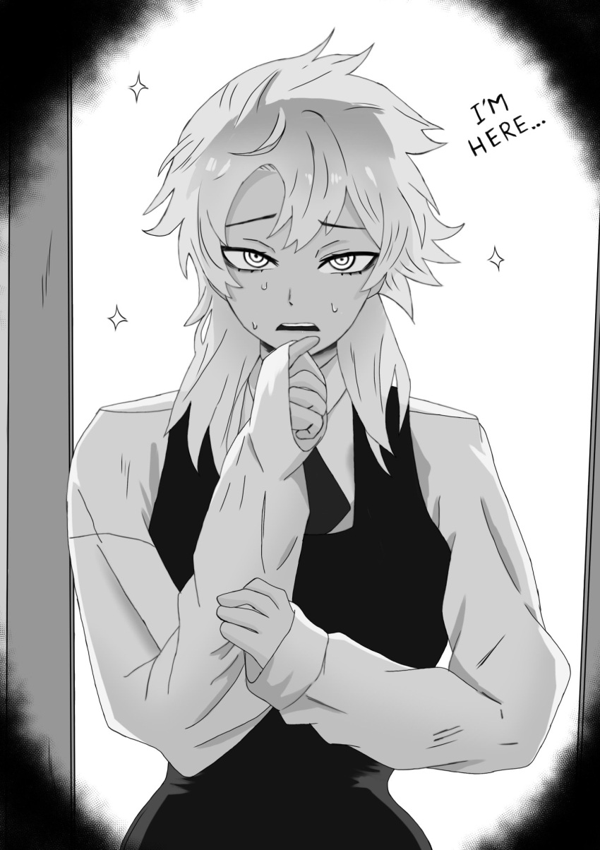 1girl, chainsaw_man, collared_shirt, dress, english_commentary, fourth_east_high_school_uniform, greyscale, highres, looking_at_viewer, messy_hair, miyajiwm, monochrome, pinafore_dress, ringed_eyes, school_uniform, shirt, sleeveless, sleeveless_dress, solo, sweat, white_haired_girl_(chainsaw_man)
