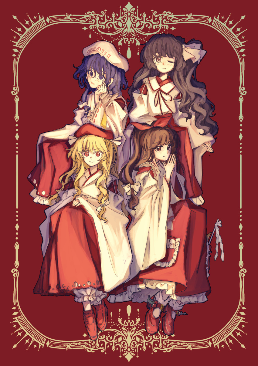 4girls, absurdres, ankle_socks, beret, black_hair, blonde_hair, blonde_shrine_maiden_from_a_future_era_(touhou), bloomers