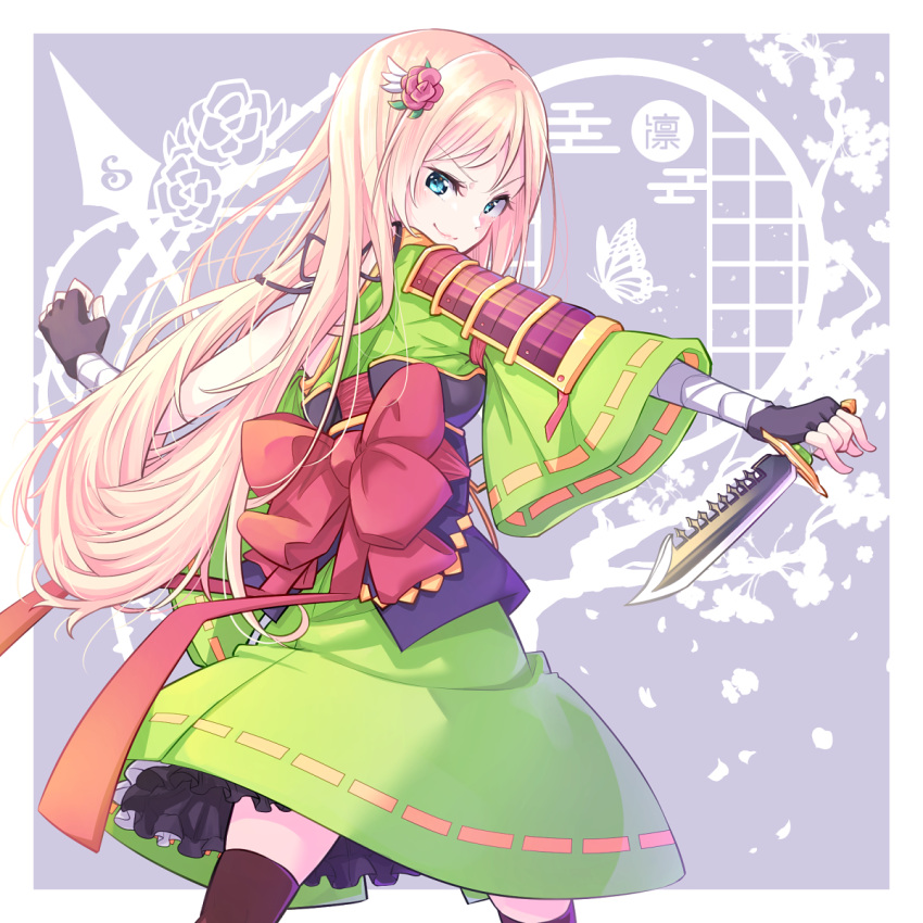 >:), 1girl, :3, armor, back_bow, bandaged_arm, bandages, black_gloves