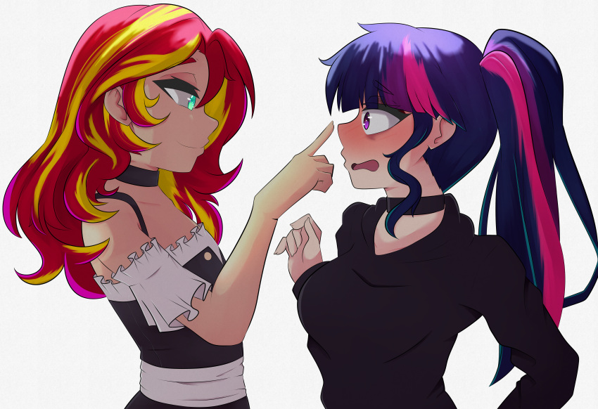 2girls, absurdres, black_choker, blush, choker, eye_contact, highres, looking_at_another