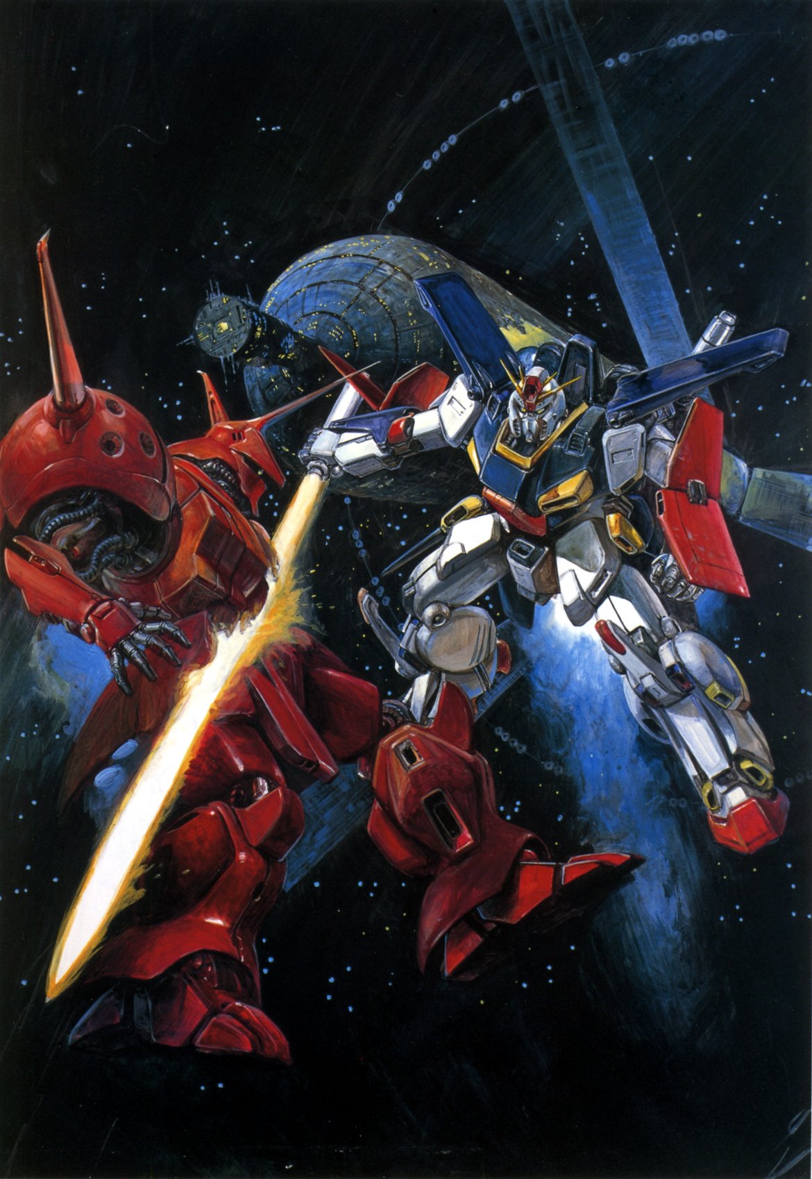1980s_(style), battle, box_art, commentary_request, energy_sword, exhaust, green_eyes, gundam