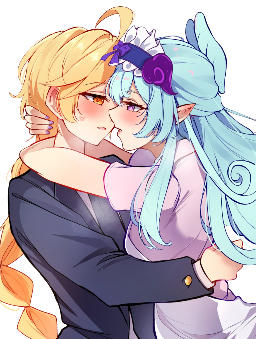 1boy, 1girl, aether_(genshin_impact), after_kiss, ahoge, black_jacket, blonde_hair, blue_hair