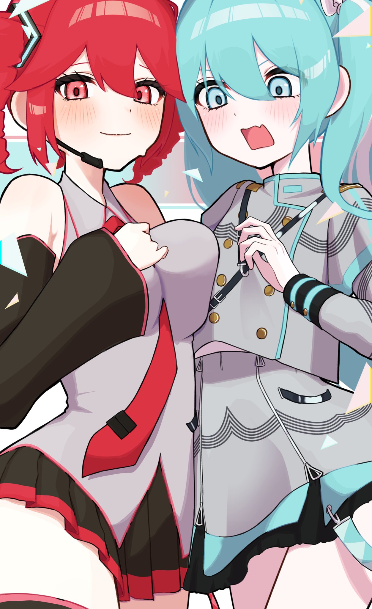 2girls, alternate_costume, bare_shoulders, belt, black_belt, black_skirt, black_sleeve_cuffs, black_sleeves