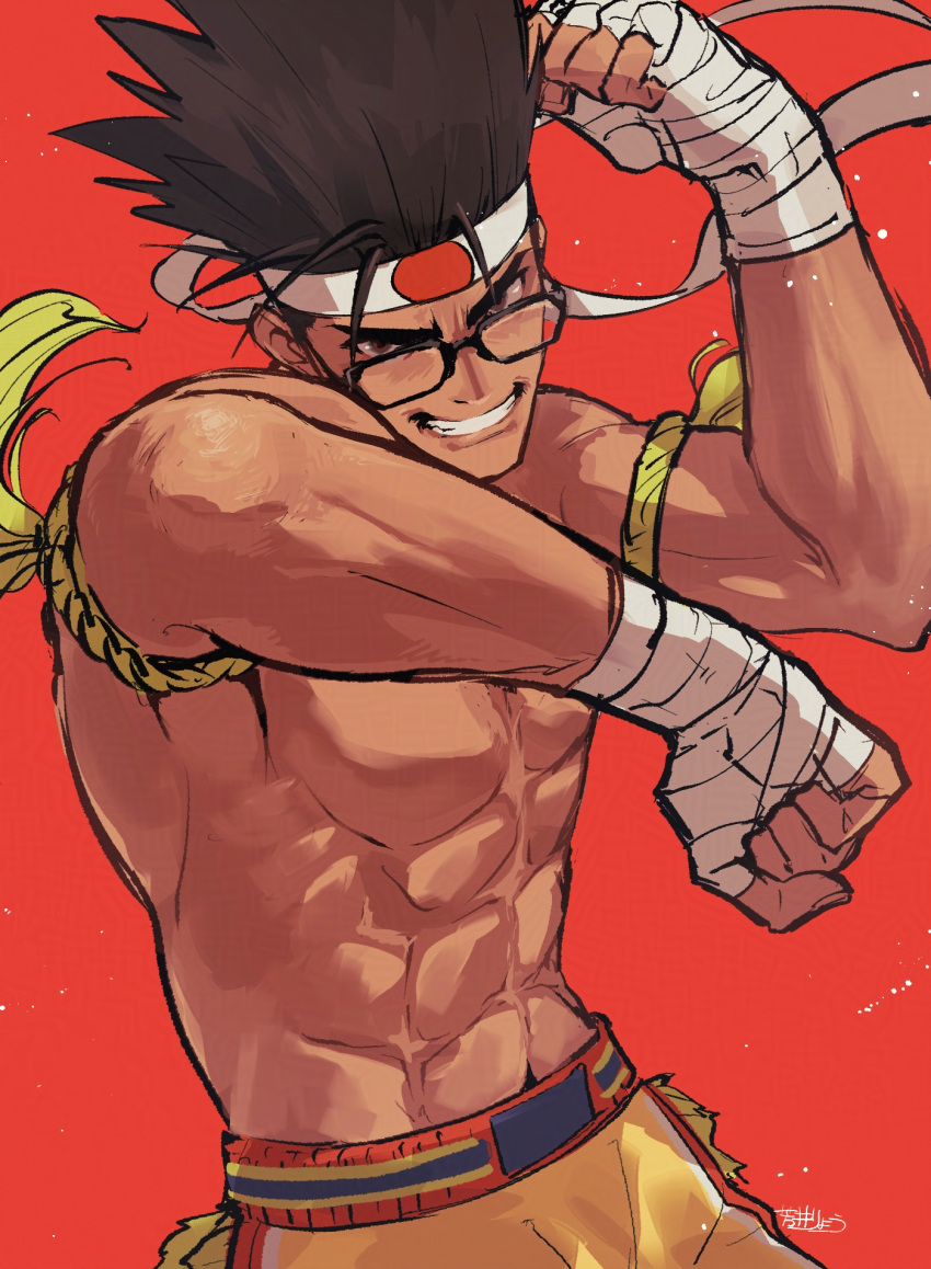 1boy, abs, arms_up, bandaged_hand, bandages, bespectacled, black-framed_eyewear, brown_eyes