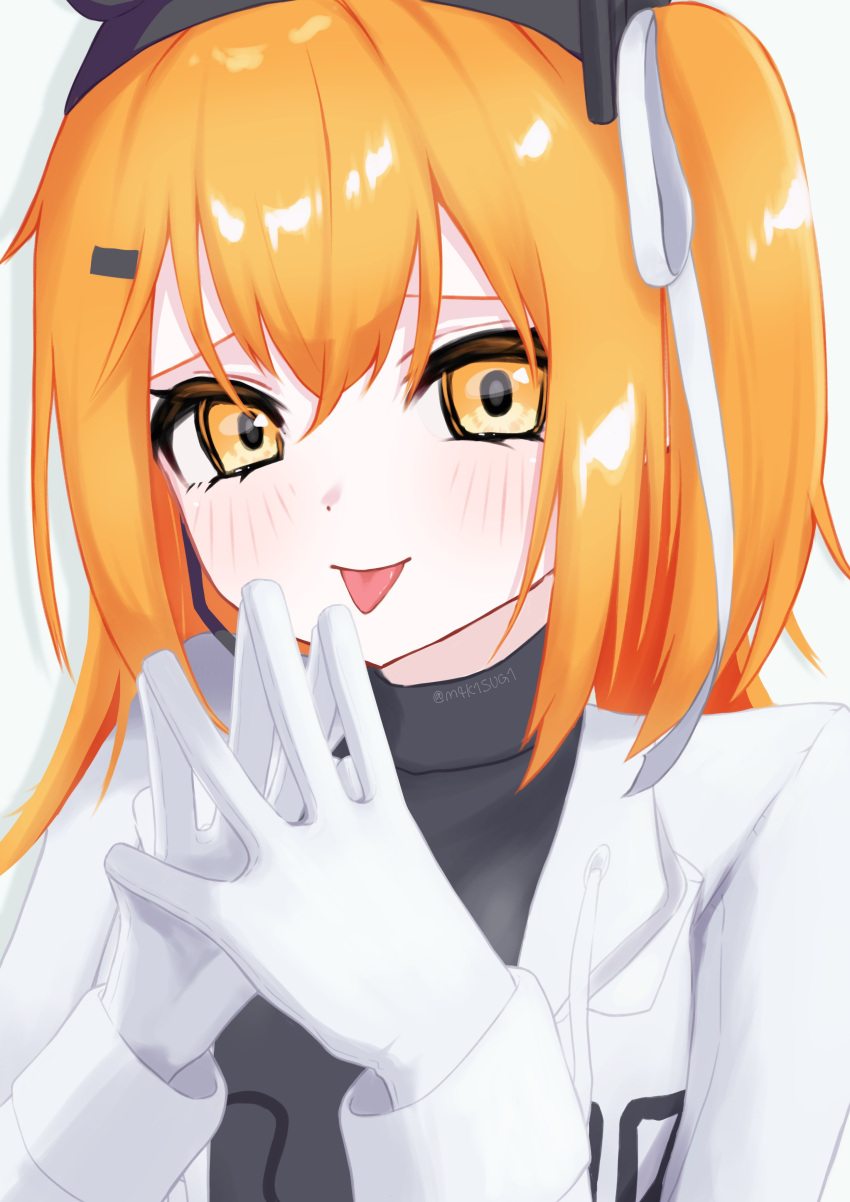 1girl, a.i._voice, absurdres, adachi_rei, black_shirt, blush, gloves, hair_ribbon