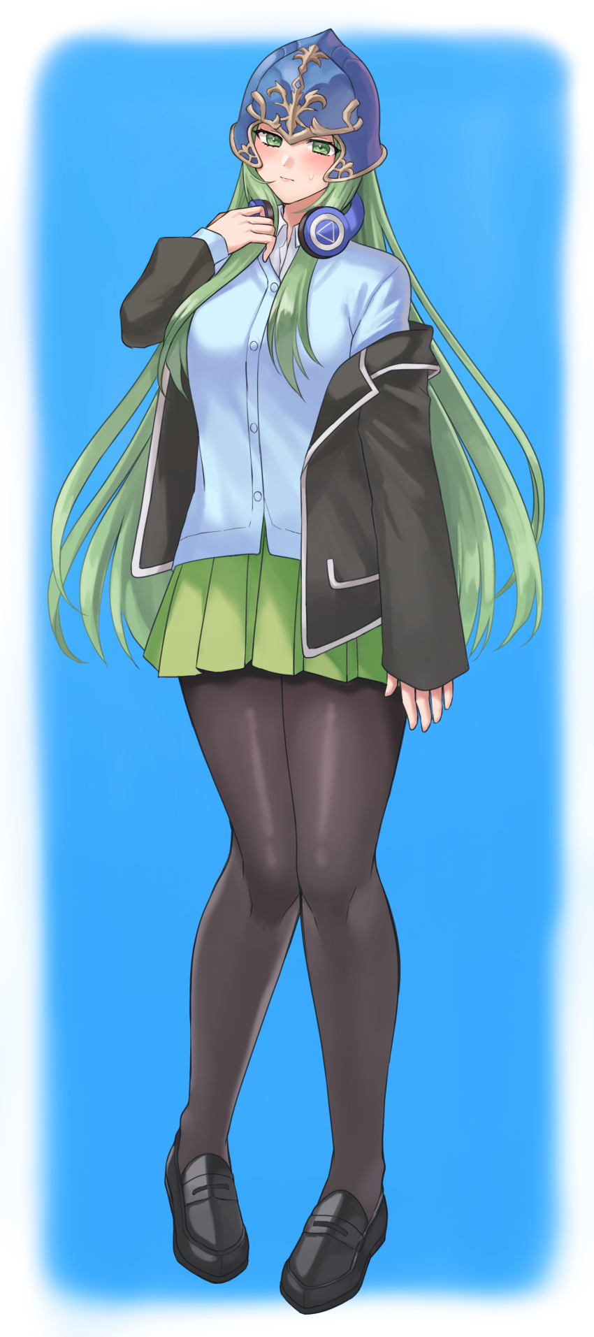 1girl, absurdres, alternate_costume, black_jacket, black_pantyhose, black_shoes, blue_background, blue_shirt