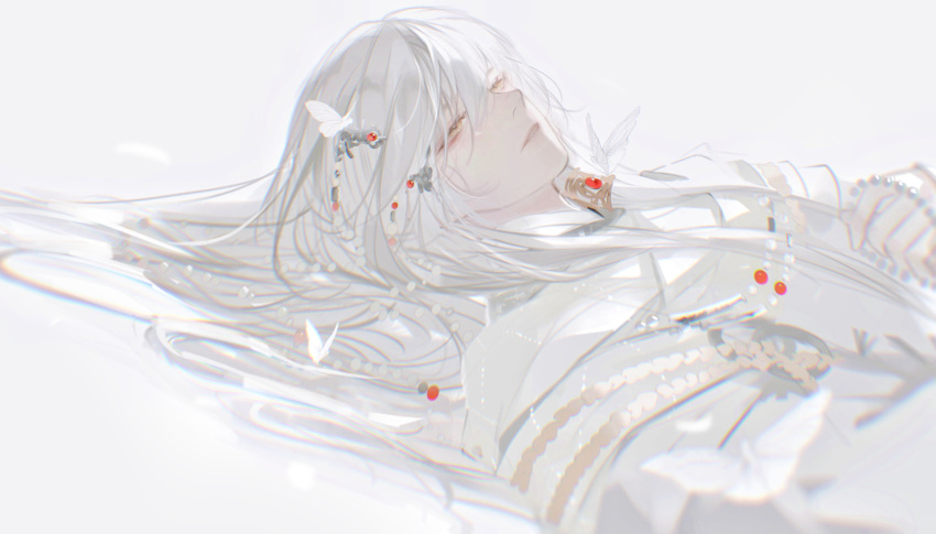 1boy, beads, bug, butterfly, chinese_clothes, gem, hair_between_eyes, hair_ornament