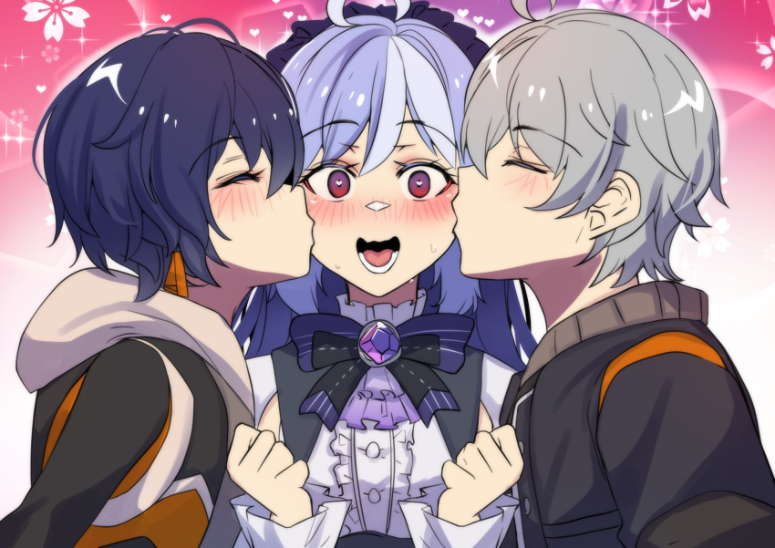 1boy, 2girls, belle_(zenless_zone_zero), bisexual_female, blush, clenched_hands, english_commentary, floral_background