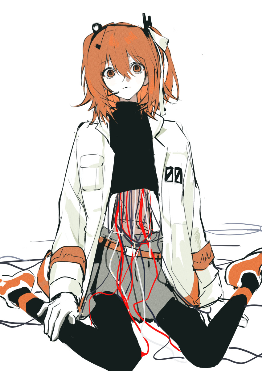 a.i._voice, absurdres, adachi_rei, android, belt, black_pantyhose, black_shirt, bunhong_(pinkpink_shine), cable, closed_mouth, gloves, grey_skirt, hair_between_eyes, hair_ribbon, hashtag-only_commentary, headlamp, highres, jacket, kneeling, long_sleeves, open_clothes, open_jacket, orange_belt, orange_hair, orange_shoes, pantyhose, radio_antenna, ribbon, shirt, shoes, side_ponytail, simple_background, skirt, sneakers, utau, white_background, white_gloves, white_jacket, white_ribbon